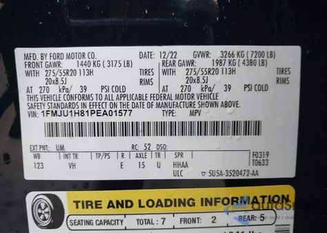 2023 Ford Expedition Xlt из США, поврежденный, VIN 1FMJU1H81PEA01577